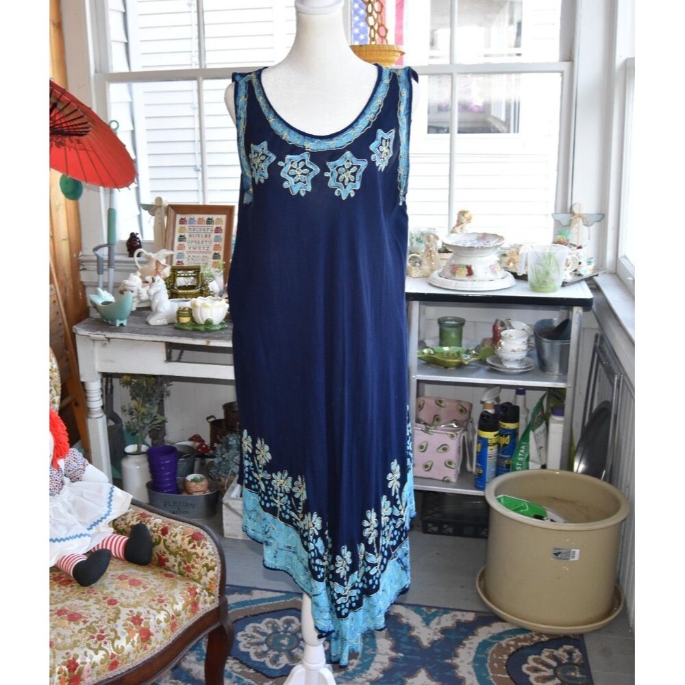 Vintage Y2K Lagenlook Rayon Blue Embroidered Swing Dress OSFM Boho Art
